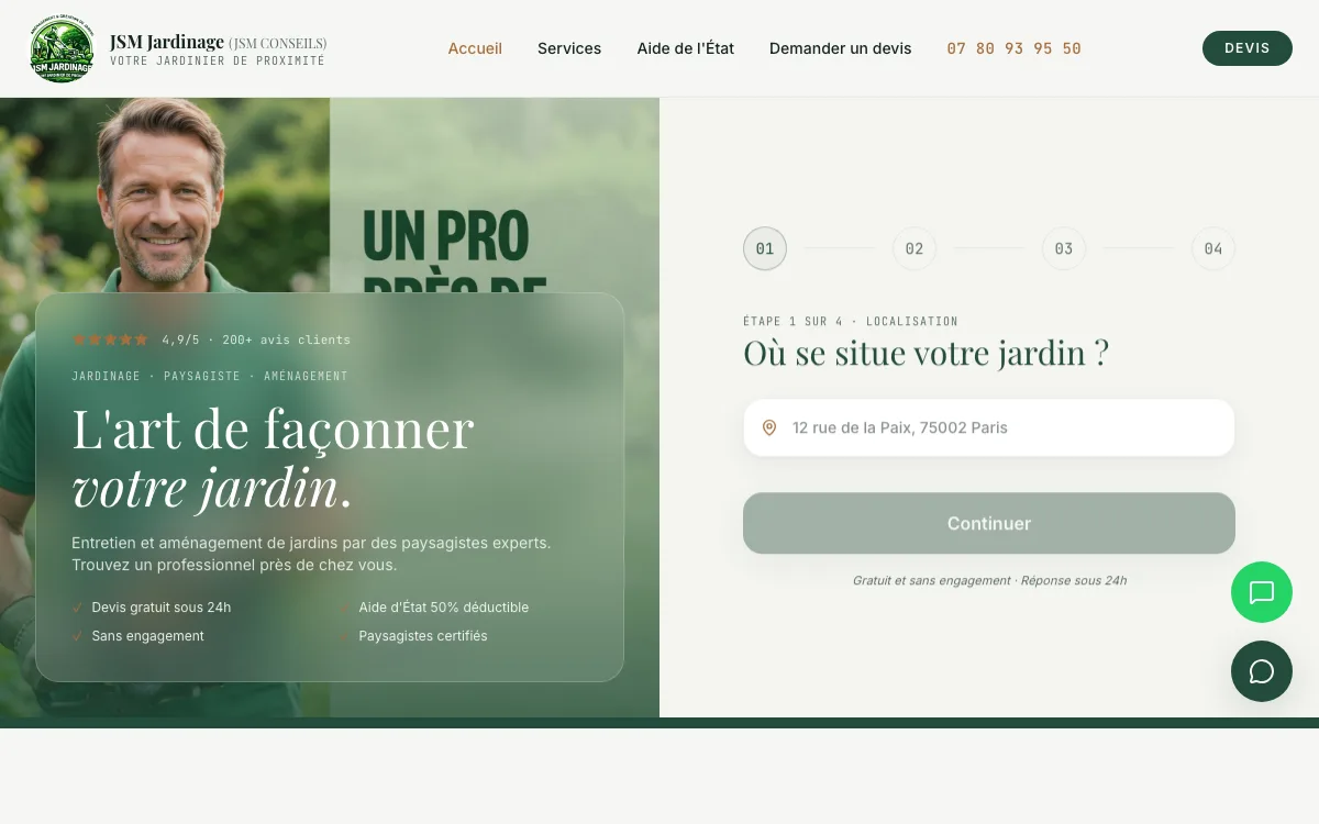 Site vitrine avec tunnel de devis pour paysagiste - JSM Jardinage